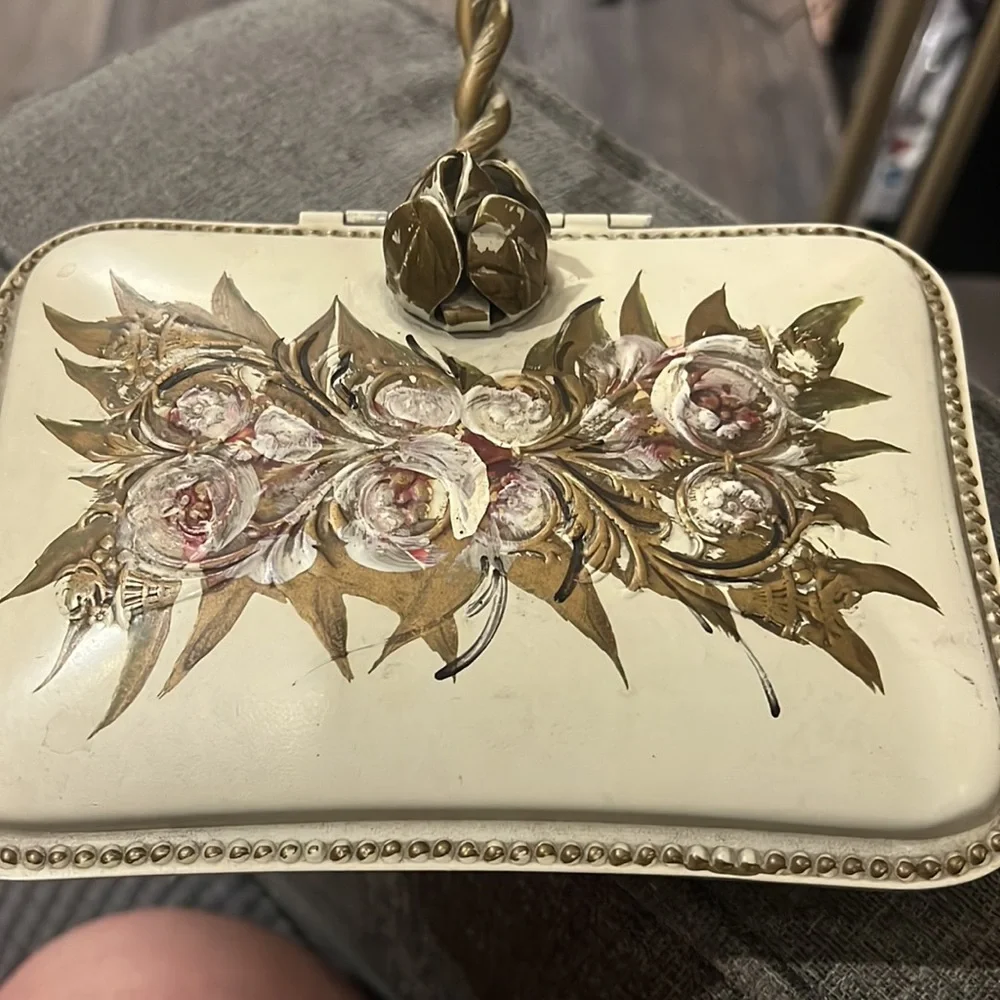 Vintage hand painted metal floral cream gold silent butler - Picture 9 of 9